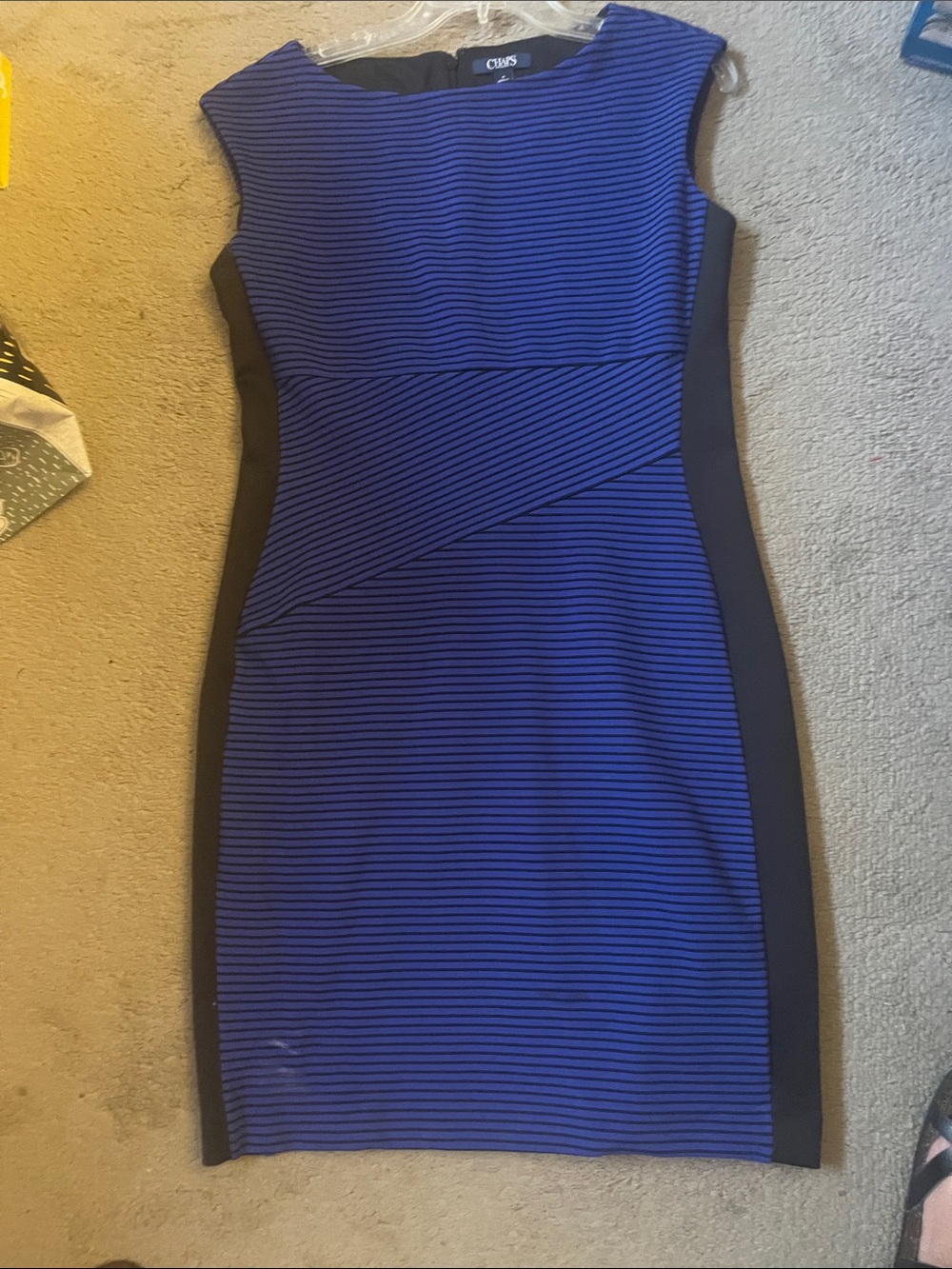 Chaps women’s Blue Striped Sheath Dress with Black Side Panels - Size 12